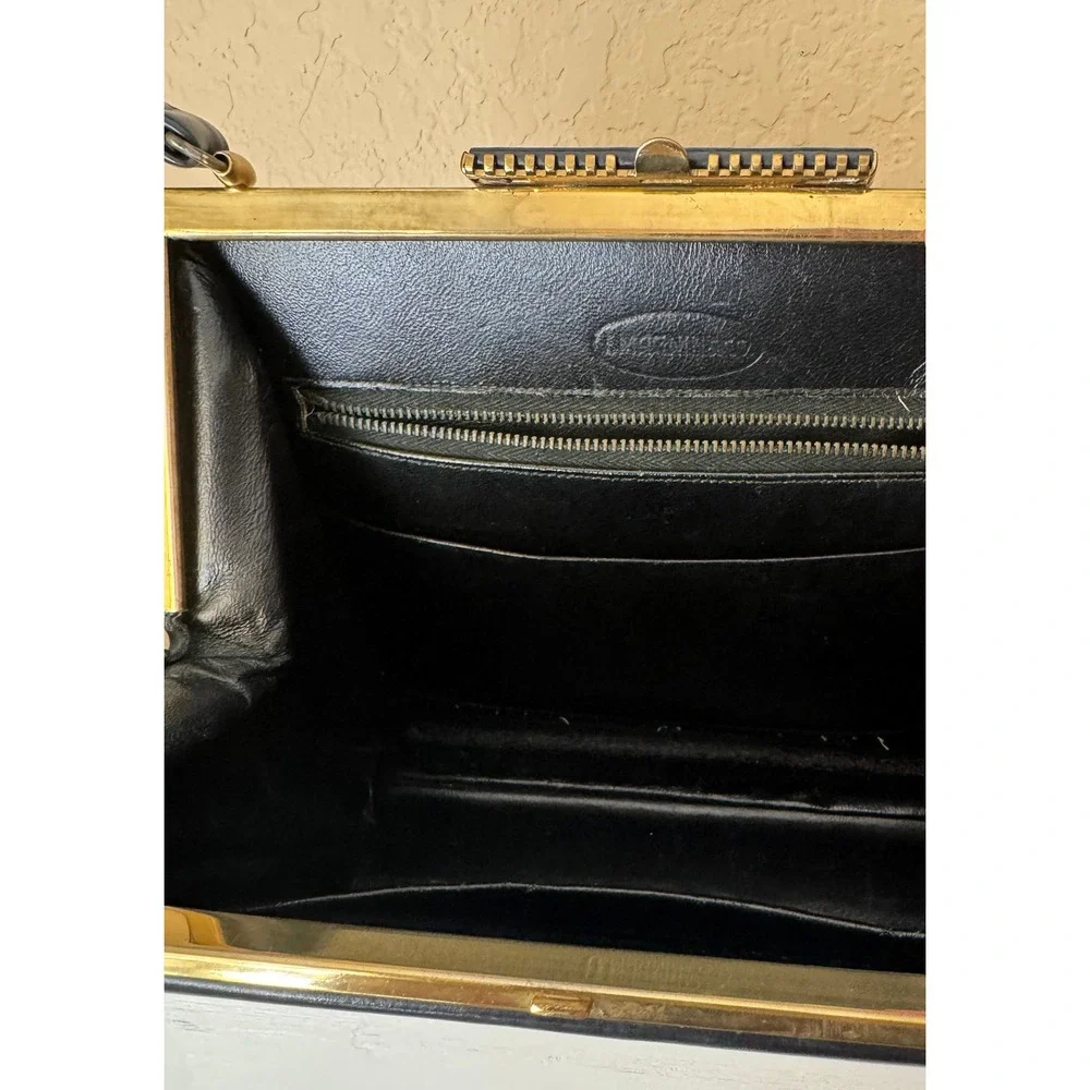 VINTAGE I. MAGNIN & CO. NAVY BLUE LEATHER TOP HANDLE FRAME‎ HANDBAG PURSE